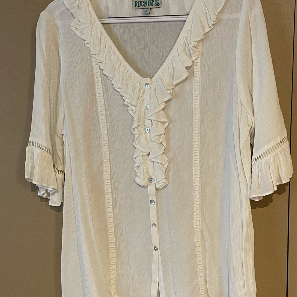 White, V neck, 3/4 sleeves, button up with ruffle details, sz M, oversized fit